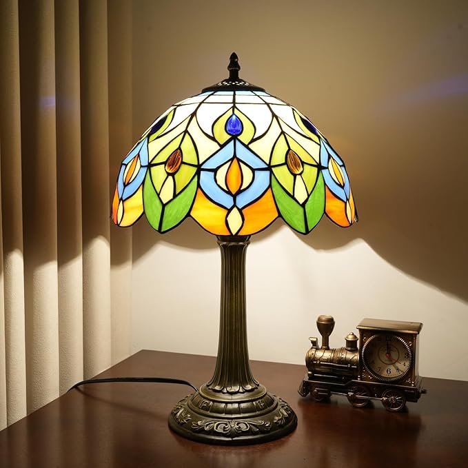 Tiffany Lamp Stained Glass Table Lamp 12-Inch Green Peacock Feather Living Room Bedside Table Coffee Shop Dormitory Home Office Decoration Tiffany Style Retro Luxury Decoration Gift (Orange lamp)