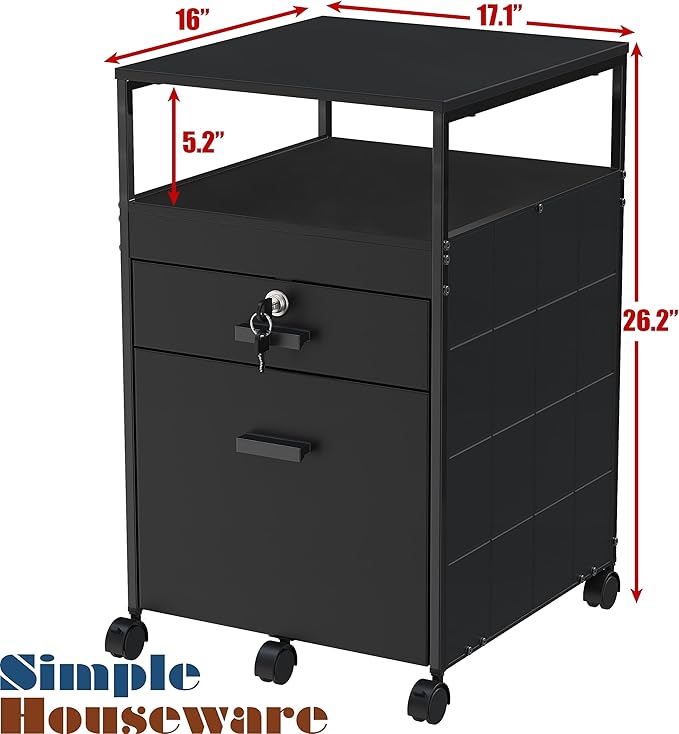 SHW Box File Rolling Mobile Cabinet with Open Shelf and Lockable Drawer, Black