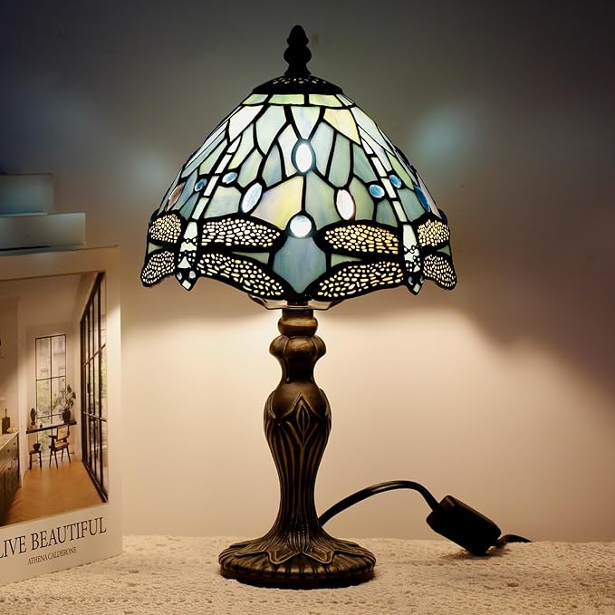 Small Tiffany Lamp Stained Glass Table Lamp Mini Desk Accent Light for Bedroom Bedside Reading Home Antique Style Decor 8X15 Inches (Blue Dragonfly)
