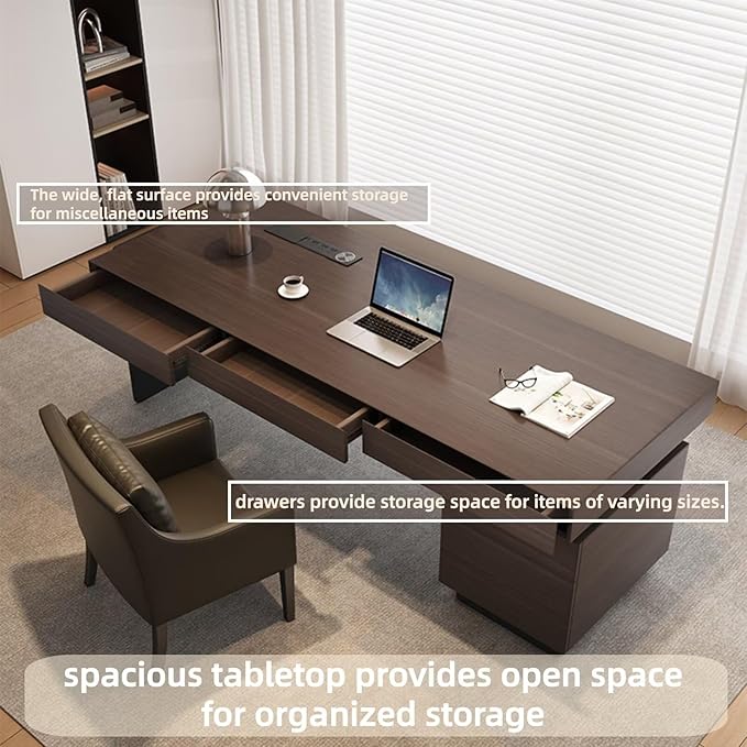 Modern Executive Desk with Drawers 55.11IN(Storage Base)(Wooden Texture) Home Office Desks Include Multi-Function Socket,Large Desktop