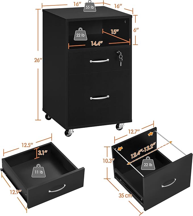 Yaheetech File Cabinet, Under Desk Vertical Cabinet with 2 Drawers and Open Compartment, Printer Stand with Lockable Wheels for A4 Letter Size Hangable File Folders for Home Office(Black)