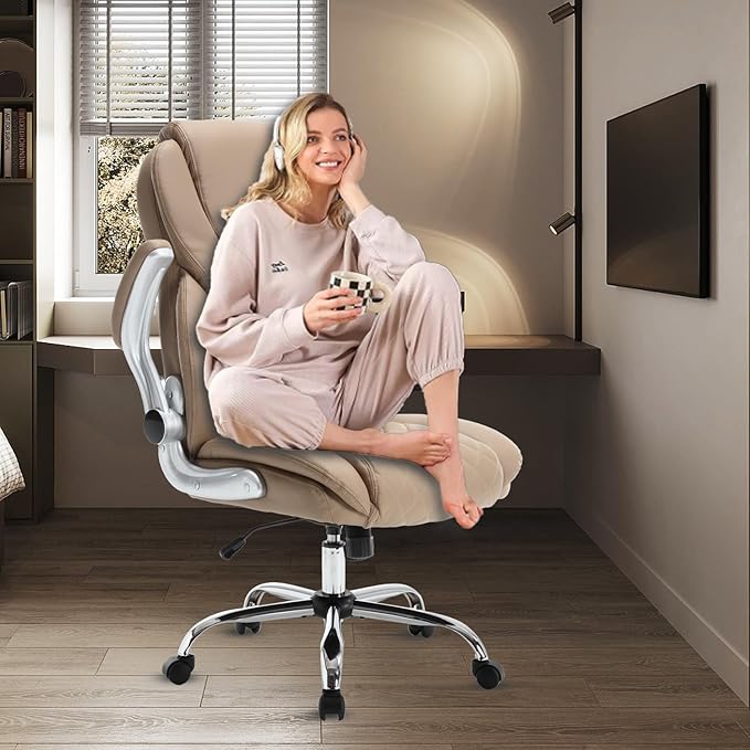 Leather Executive Office Chair, High Back Ergonomic Office Desk Chairs with Wheels, 90-120° Rocking Managerial Home Computer Chairs with Flip up Arms and Lumbar Support(Light Brown)