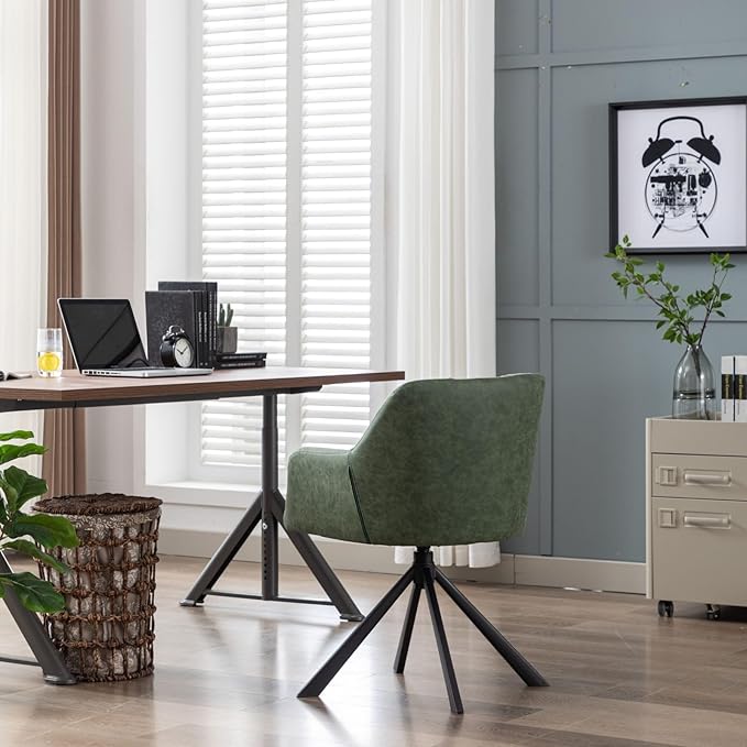 Home Office Chair with Arm, Comfy Desk Chair No Wheels, Upholstered Leather Computer Chair, Swivel Accent Chair for Bedroom, Office, Small Spaces, Green