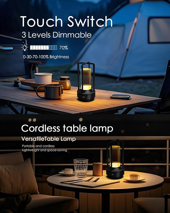Set of 2 Cordless Table Lamps, LED Rechargeable Battery Operated Desk Lamps with 3 Color Stepless Dimmable, Small Light Portable for Outdoor Patio Bar Restaurants Bedroom Bedside (Black)