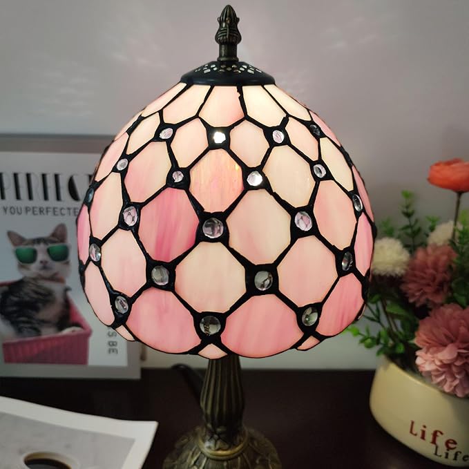Tiffany Table Lamp 3-Way Light Handmade Bedside Lamp Small Desk Night Lamp Stained Glass Antique for Home Office Bedroom Living Room Study Room (Pink Pearls Style)