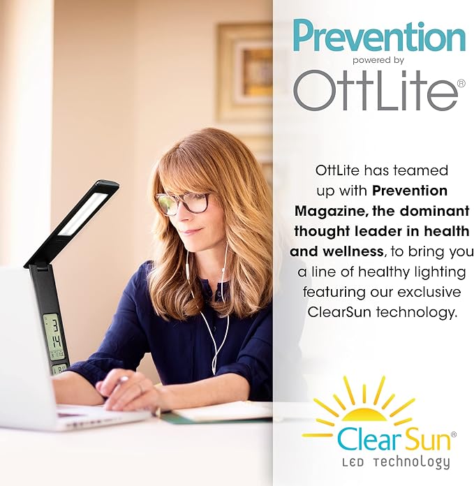 Prevention by OttLite LED Task Adjustable Lamp with Digital Display - Designed to Reduce Eyestrain - Adjustable Neck, 3 Color Modes & USB Charging - Crafting, Office Work, Reading & Studying