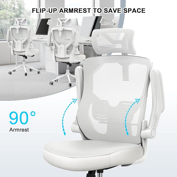 Home Office Chair, Ergonomic Comfy Desk Chair, High Back Computer Chair- Adjustable Headrest with Flip-Up Arms, Lumbar Support, Swivel Executive Task Chair (Modern, White)