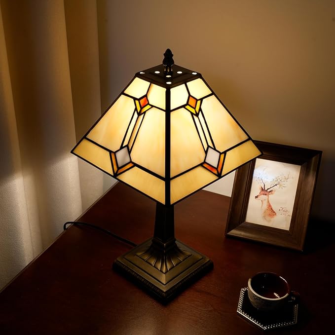 Tiffany Table Lamp Mission Style Stained Glass Table Light Yellow Antique Desk Lamp Vintage Beside Reading Lamp for Home Living Room Bedroom Office