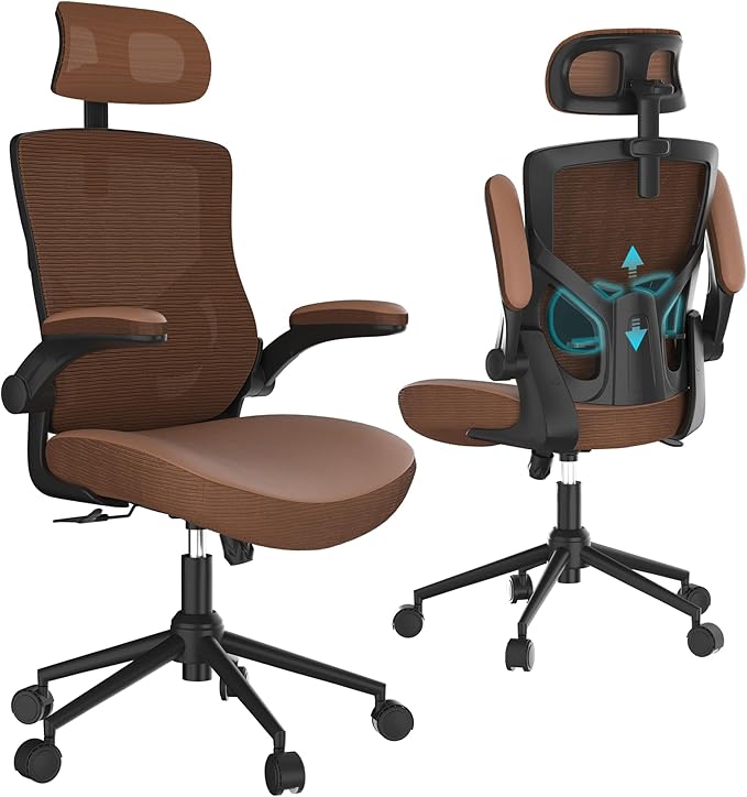 Home Office Chair, Ergonomic Comfy Desk Chair, High Back Computer Chair- Adjustable Headrest with Flip-Up Arms, Lumbar Support, Swivel Executive Task Chair (Mummy Brown, Modern)