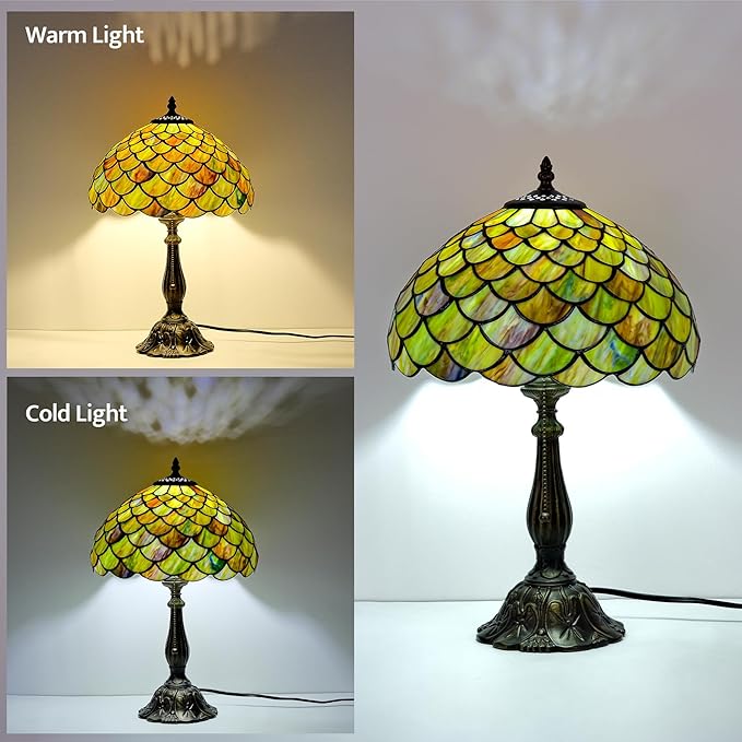Tiffany Style Table Lamp Vintage Stained Glass Desk Lamp Mable Gradient Green Fish Scales Bedside Reading Light Decor Bedroom Living Room Home Office D12 xH18 (Green Fish Scales)