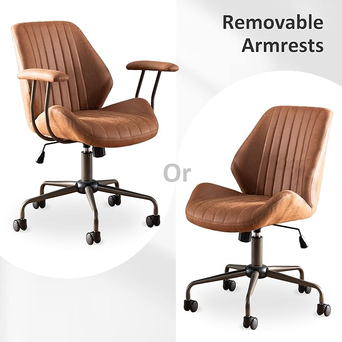 Mid Back Office Chair Mid Century Modern Executive Chair,Lumbar Support Ergonomic Home Office Desk Chair,Rolling Swivel Task Chair Task Chair Armrests Height Adjustable,350lbs (Brown)