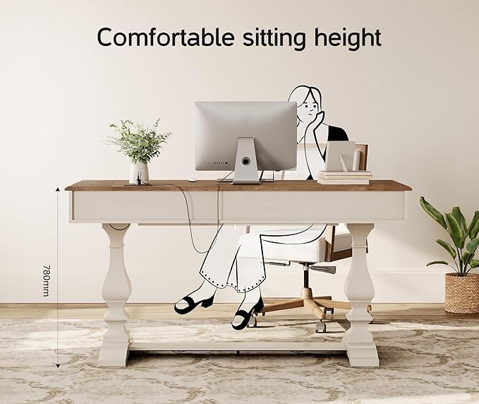 WAMPAT 60-inch Vintage Wood Home Office Desk with Stable Solid Wood Pedestral Legs, Tradional Rustic Writing Table Executive Desk with Deep Drawers and Power Outlets for Office,Study,Antique White
