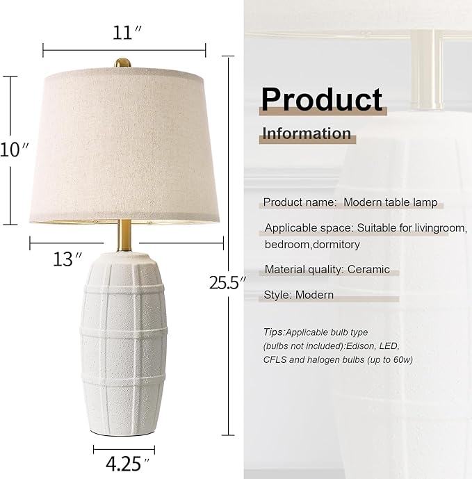 PORTRES 25.5" Ceramic Table Lamps for Bedroom Living Room Modern Lamp Bedside Nightstand Lamp Farmhouse Rustic Boho Retro Vintage Table Lamp Light Home Office Desk Deco Gifts, White