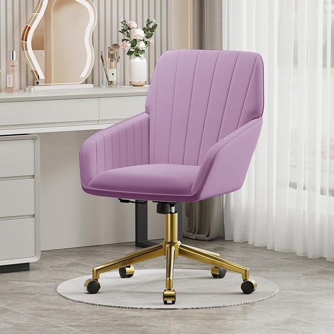 YISHENG Velvet Office Desk Chair with Gold Base, with Wheels,Modern Height Adjustable 360 Degree Swivel Upholstered Vanity Chairs with Arms for Living Room Bedroom,Purple