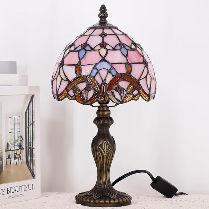 Small Tiffany Lamp Stained Glass Table Lamp Mini Desk Accent Light for Bedroom Bedside Reading Home Antique Style Decor 8X15 Inches (Pink Baroque)