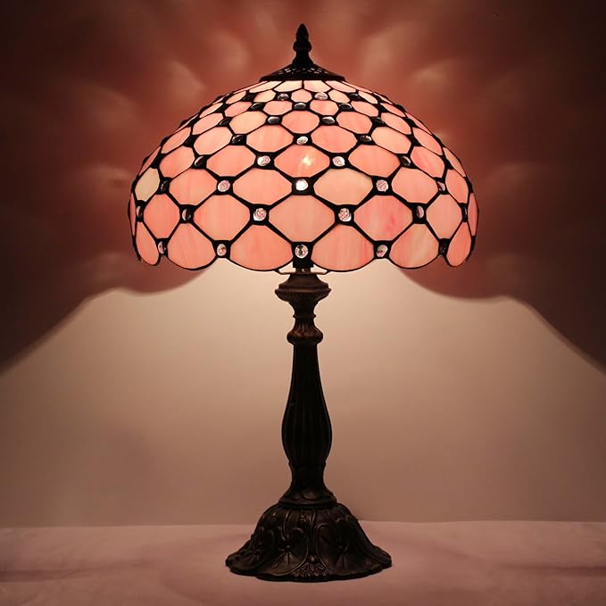 Tiffany Lamp Touch Control Table Lamp Pink Bead Style Stained Glass Desk Lamp 12X12X19 Inches Reading Light