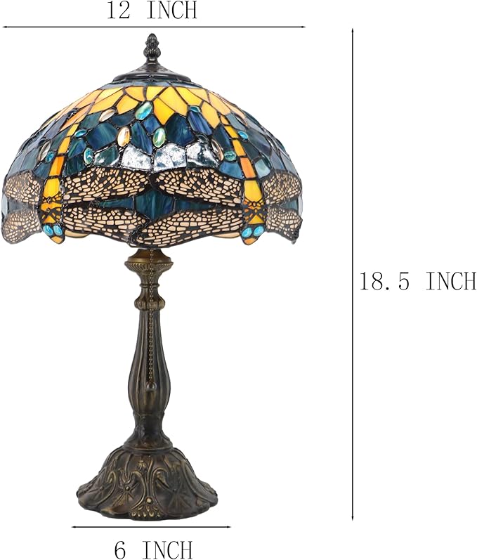 Tiffany Lamps Yellow Dragonfly Style Stained Glass Table Lamp Desk Bedside Reading Light 12X12X18.5 Inches with Bronze Resin Base Applicable to Bedroom Living Room Office
