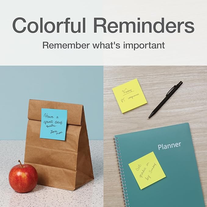 Redi-Tag Sticky Notes, Power Stick Notes, Adhesive Reminders, 3" x 3" Reusable Notes, Strong Adhesive Memos, Assorted Bright Colors, 192 Pack (1000978)