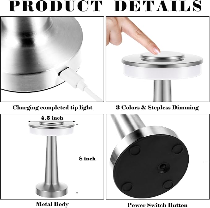 Riakrum Set of 2 LED Portable Cordless Table Lamp with Touch Sensor 3 Color Stepless Dimming Rechargeable Battery up to 15 Hours Cordless Table Light Wireless Lamp for Nursery(Silver,2 Pcs)