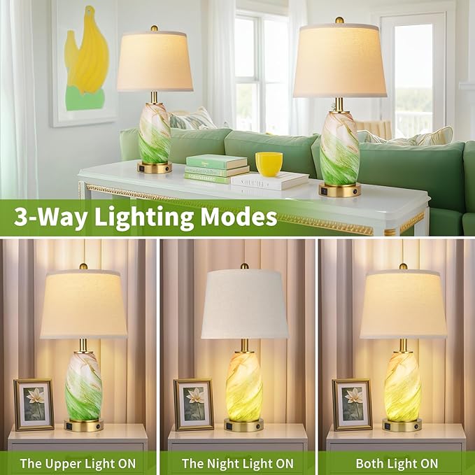 Green Lamps Set of 2 for Bedroom & Bedside with 3-Way Lighting Modes & USB C+A - Modern Style Glass Nightstand Table Lamps for Living Room & Bedroom Decoration (23.5" H)