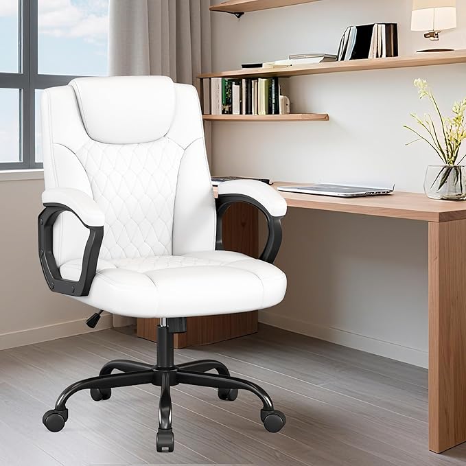 Misolant Office Chair, Executive Desk Chair, PU Leather Comfortable Ergonomic Chairs with Fixed Armrest, Adjustable Height, Rocking Function, 360° Swivel Wheels, White