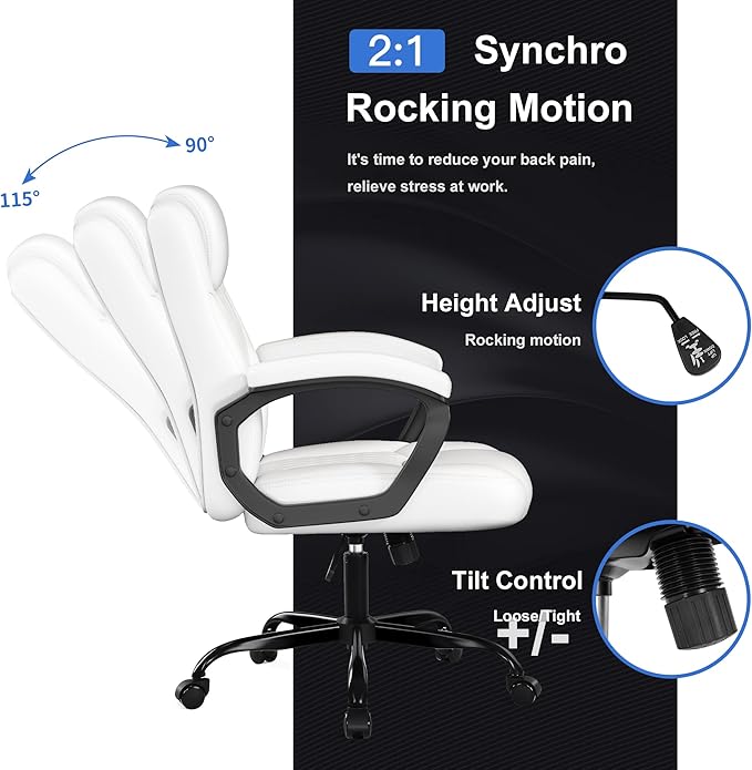 Misolant Office Chair, Executive Desk Chair, PU Leather Comfortable Ergonomic Chairs with Fixed Armrest, Adjustable Height, Rocking Function, 360° Swivel Wheels, White