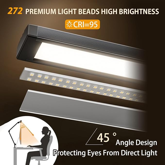 LED Desk Lamp for Office Home, Eye-caring 3-Lights 1500 Lumen with Clamp, Dual Screen Computer Adjustable Light, 24W Dimmable 272 Leds Remote Controlled Timed Table Lamp for Reading Study Working