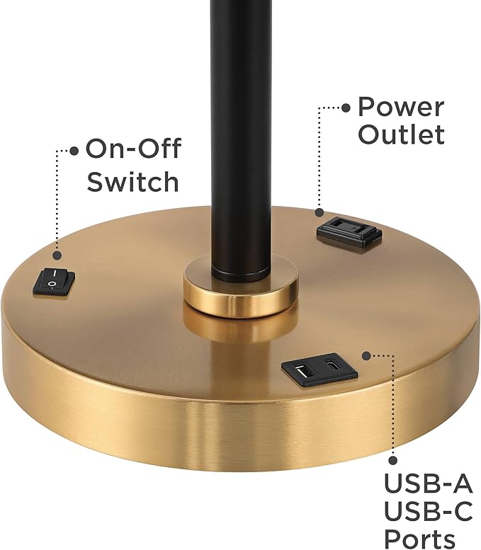 Possini Euro Design Carlyle 30 1/2" Tall Large Mid Century Modern Glam Luxe Desk Lamps Set of 2 USB Port AC Power Outlet Gold Black Metal White Shade Home Office Living Room Charging Bedroom Bedside