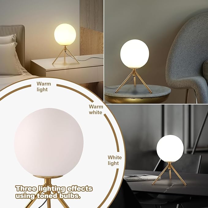 Gold Table Lamps Set of 2, Mid Century Modern Globe Desk Lamp with Milk White Glass Shade Metal Tripod Base, Vintage Bedside Lamp Small Round Table Lamps for Bedroom Living Room Study