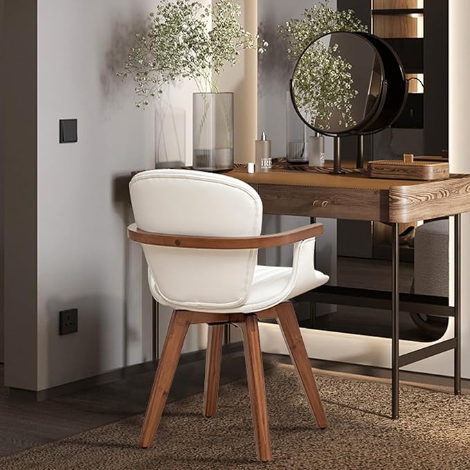 LUNLING Swivel Dining Chairs Set of 4, Mid Century Modern White Faux Leather Kitchen Chairs with Arms,Bamboo Legs Side Chairs No Wheels,Accent Chair for Dining Rooms and Offices