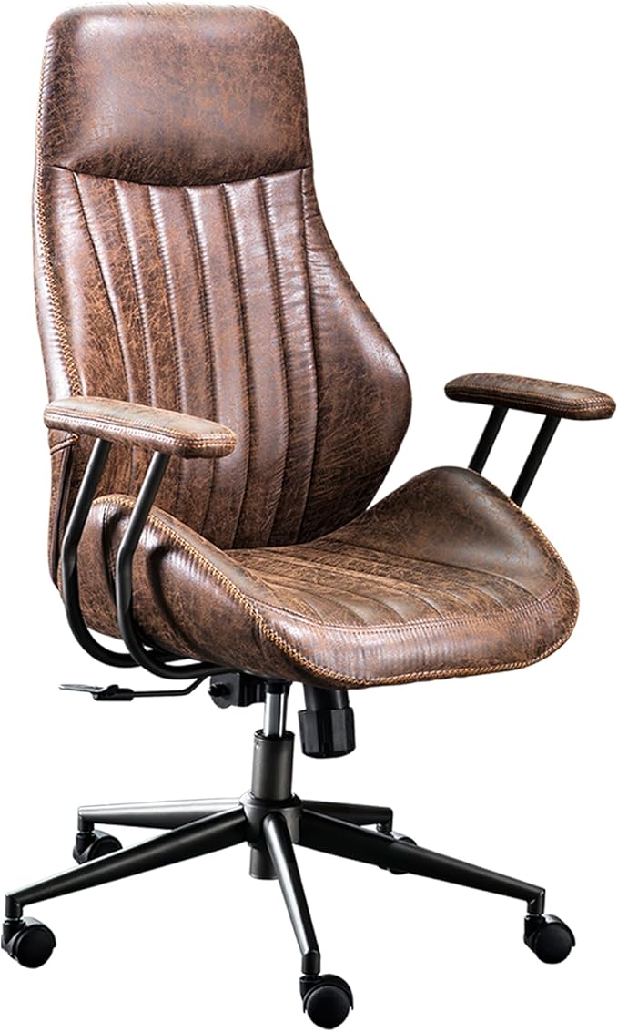 ovios Ergonomic High Back Office Chair, Mid-Century Modern Faux Suede Leather Chair with Padded Armrests, Comfy Executive Computer Task Swivel Rolling Chairs, Dark Coffee