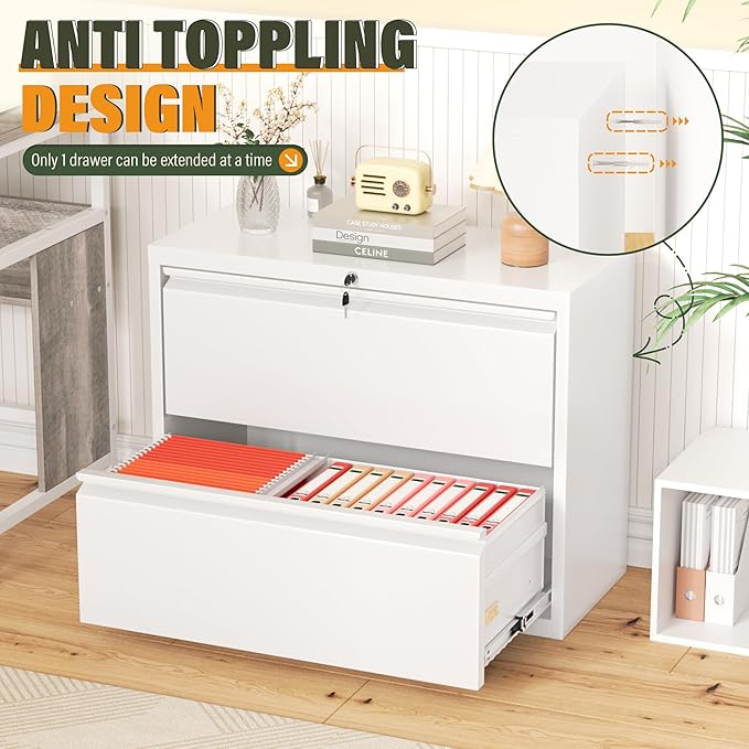 Greenvelly Lateral File Cabinet 2 Drawer, Lockable Metal Filing Cabinet for Home Office, White Metal File Cabinet with Lock for Legal/Letter/A4/F4 Size with Hanging Bars&Key