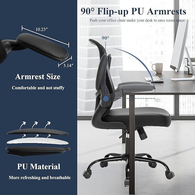 Office Chair, Ergonomic Mesh PU Leather Desk Computer Chair, with Lumbar Support, Adjustable Height, Executive Swivel Rolling with Flip-up Arm, Black
