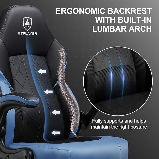 GTPLAYER Video Gaming Chair, Ergonomic Computer Gaming Chair with Flip-Up Armrests and Adjustable Height, Comfortable Desk Chairs with Built-in Lumbar Support, Recliner with 360°Swivel (Blue)