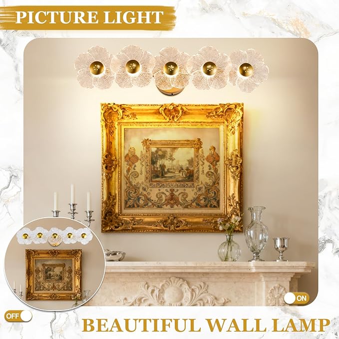 Vintage Bathroom Light Fixtures 5 Light Modern Vanity Lights with Floral Clear Glass,3-Color Temperature Picture Light Led Wall Lights Wireless Wall Sconces for Decor,Bathroom,Hallway (Gold)
