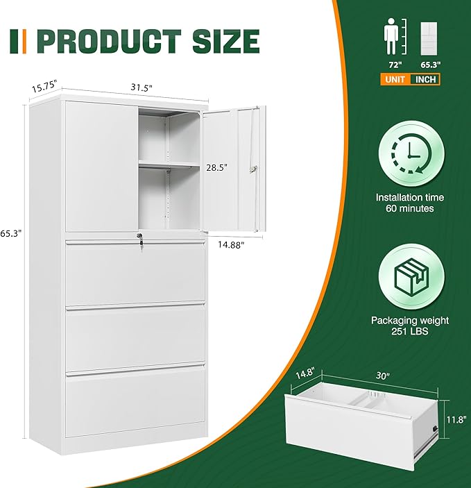 Letaya 3 Drawer Metal Storage Cabinets for Home Office,File Cabinet with Lock and 2 Adjust Shelves-Hang Filing Legal/Letter/A4/F4 Size(White)