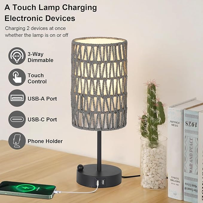 Touch Bedside Lamp For Bedroom with Bulb, Grey Boho Small Table Lamp For Living Room With Rattan & Linen Shade, 3 Way Dimmable Table Lamp For Nightstand With USB Charging Port & Phone Stand For Office