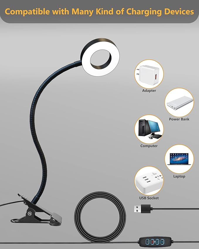Clip on Desk Lamp with Clamp for Reading Home Office, 360° Ajustable Clip Light for Bed Headboard, Bedside or Desk with 10 Dimmable Brightness 3 Eye-Care Color Modes