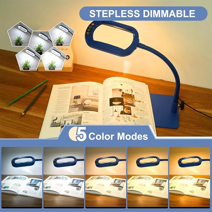 Veemagni 10X Rectangle Magnifying Glass with Light and Stand, Flexible Gooseneck LED Lighted Desk Lamp, 5 Color Modes Stepless Dimmable, Hands Free Magnifier for Reading Painting Close Work - Blue