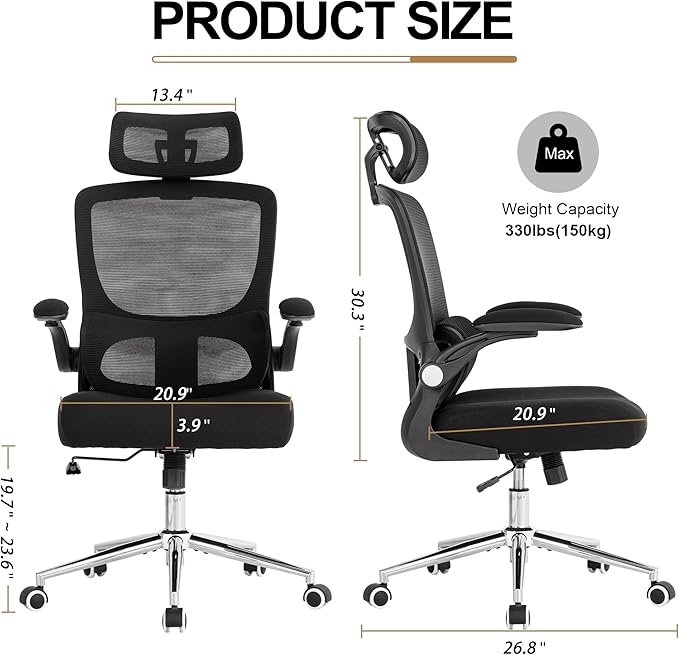 Ergonomic Office Chair,Home Mesh Office Desk Chairs,High Back Chair 330 LBS,Swivel Computer Task Chair with Adjustable Lumbar Support,Up&Down Flip-Up Arms,Rocking Function (Black)