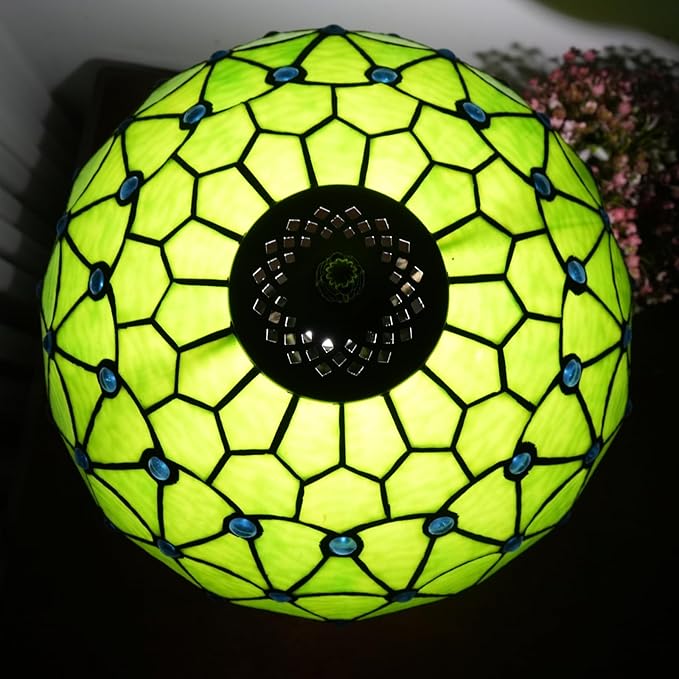 Green Tiffany Lamp For Bedrooms Bedside Stained Glass Table Lamp Farmhouse Lamps Night Stands Retro Traditional Nightstand Desk Decor Blue Beads Side Living Room End Desk Reding Lighting 12x12x19 Inch