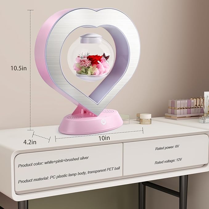 LoveLin Heart Preserved Rose Flowers with Bluetooth Speakers, 5W Pink Magnetic Levitation Table Lamp with Variable Color LED Light, Unique Forever Flower Gift for Women, Girls, Mother and Grandma