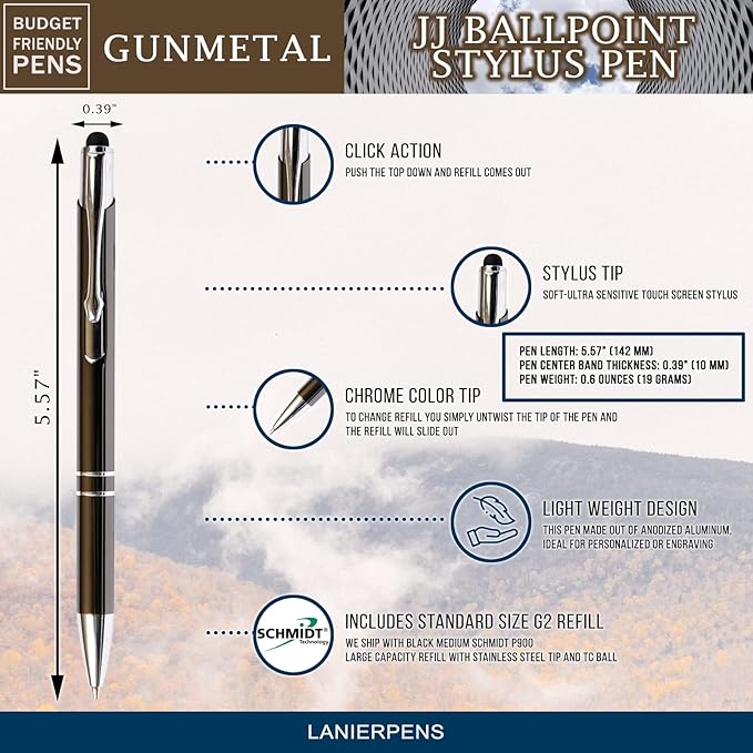 Gun Metal JJ Ballpoint Pen with Stylus - Black Ink Refill, Medium Tip Point
