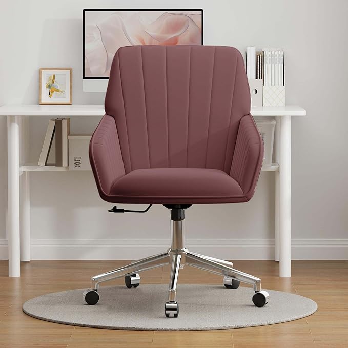 YISHENG Velvet Office Desk Chair with Silver Base, with Wheels,Modern Height Adjustable 360 Degree Swivel Upholstered Vanity Chairs with Arms for Living Room Bedroom,Rose