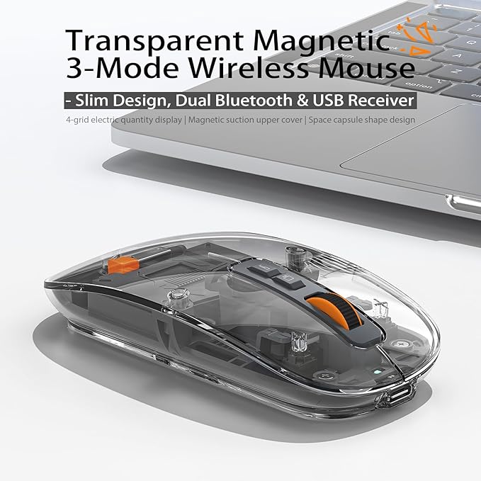 Sleek Transparent Magnetic Wireless Mouse - 3-Mode Connectivity (Dual Bluetooth + USB), DPI Adjust & One-Key Desktop Access, for MacBook/pc/iPad/Laptop (Grey)