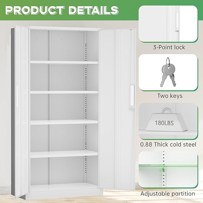 INTERGREAT Metal Storage Cabinet,71" Steel Lockable File Cabinet with Locking Doors and Adjustable Shelves,Locking Tool Cabinets for Office,Home,Garage,Gym,School (White)