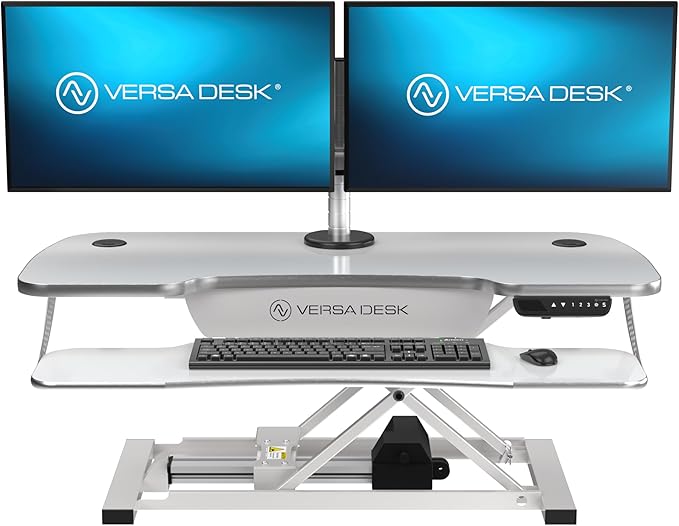 VERSADESK® PowerPro™ Elite 40” x 24" – App Controlled Electric Standing Desk Converter w/USB Charging Port. Raises up to 20”. Fully Assembled – Includes LED Lights. Supports 80 lbs. – White