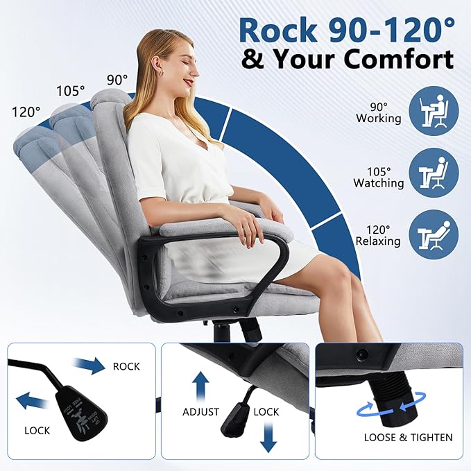 CLATINA Grey Cloth Office Chair Fabric Covered Desk Chair, Adjustable Height Swivel Chairs Ergonomic Executive Chair with Arms and Wheels Comfortable Upholstered, 350 LBS