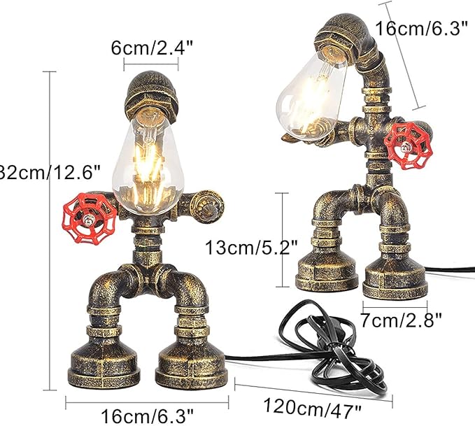 Water Pipe Table Lamp Robot Style- Retro Industrial Table Light- Antique Steampunk Metal Desk Lamp Bedside Lighting Fixture for Office, Reading Kids Room, Cafe Bar (Bronze-Style A)