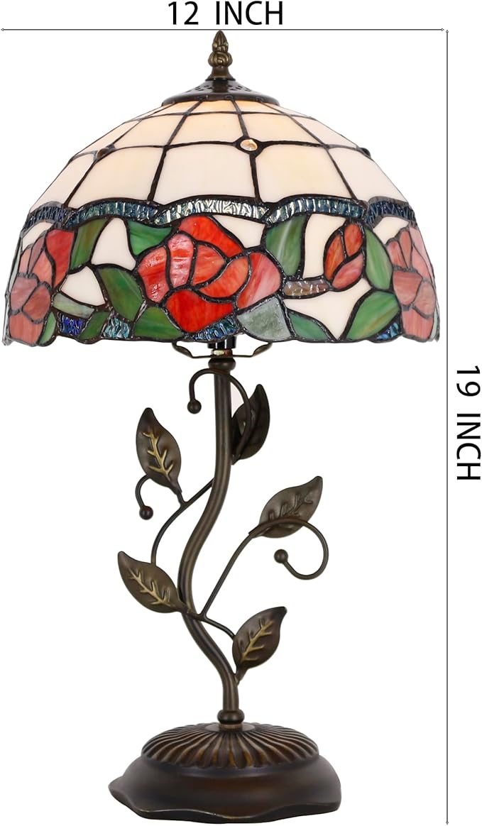 Tiffany Lamp Rose Flower Style Stained Glass Table Lamp Desk Bedside Reading Light 12X12X19 Inches with Metal Leaf Base Decor Bedroom Living Room